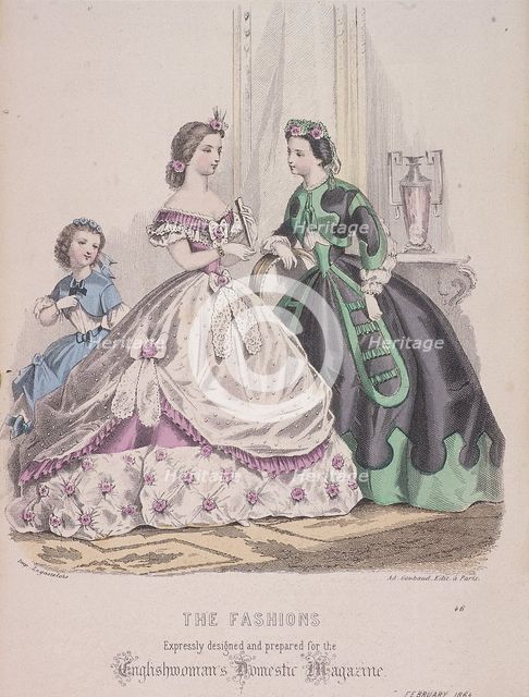 Two women and a child wearing the latest fashions, 1864. Artist: Anon