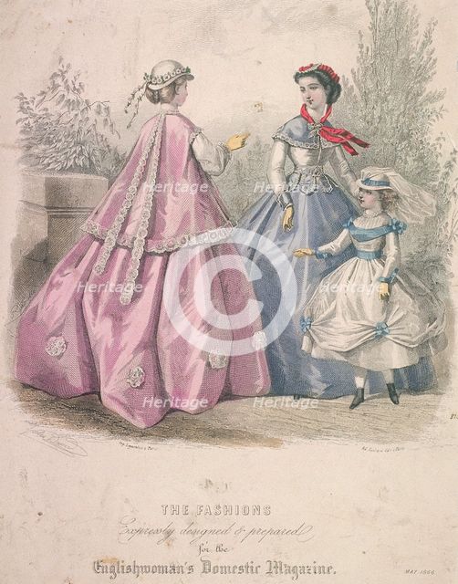 Two women and a child wearing the latest fashions, 1866. Artist: Anon