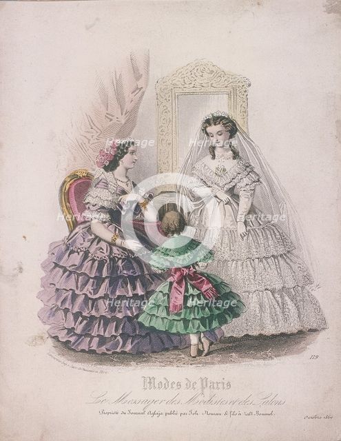 Two women and a child wearing the latest fashions, 1860. Artist: Anon