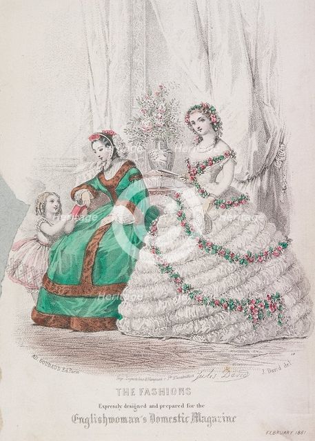Two women and a child wearing the latest fashions, 1861. Artist: Anon