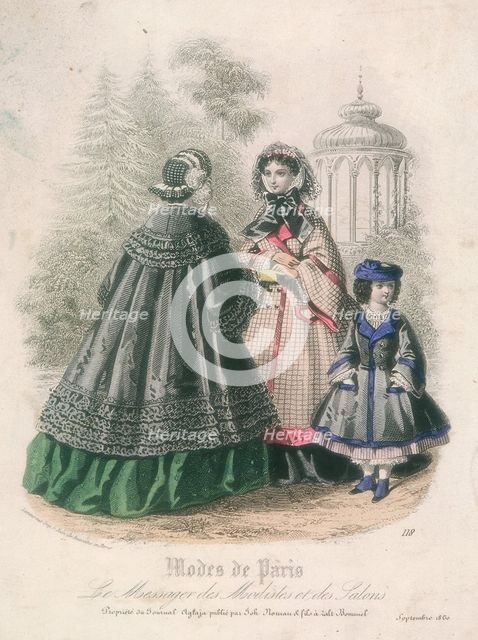 Two women and a child wearing the latest fashions in a garden setting, 1860. Artist: Anon