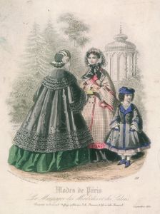 Two women and a child wearing the latest fashions in a garden setting, 1860. Artist: Anon