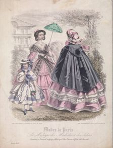 Two women and a child wearing the latest fashions in a garden setting, 1858. Artist: Anon