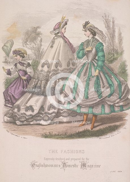 Two women and a child with a butterfly net model the latest fashions, 1864. Artist: Anon