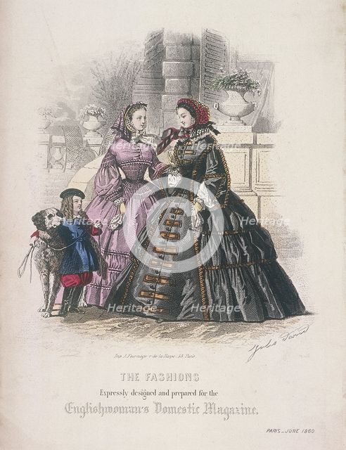 Two women and a child with a dog wearing the latest fashions, 1860. Artist: Anon
