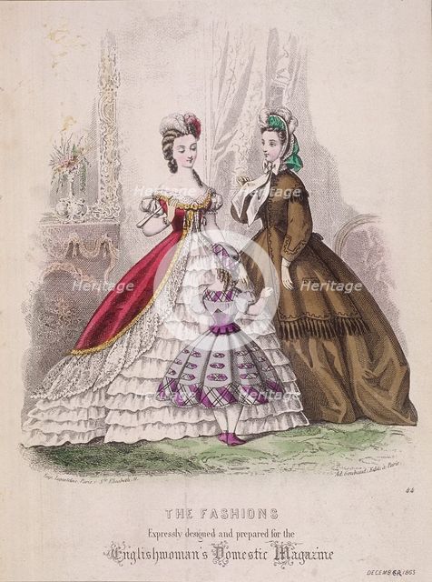 Two women and a little girl model the latest fashions, 1863. Artist: Anon