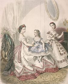 Two women and a small girl wearing the latest indoor fashions, c1860. Artist: Millia Lacouriere