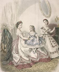 Two women and a small girl wearing the latest indoor fashions, c1860. Artist: Millia Lacouriere