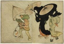 Two Women and Attendant Caught in a Storm, from the illustrated book "Picture..., New Year, 1801. Creator: Kitagawa Utamaro