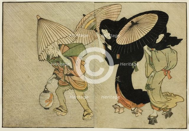 Two Women and Attendant Caught in a Storm, from the illustrated book "Picture..., New Year, 1801. Creator: Kitagawa Utamaro.