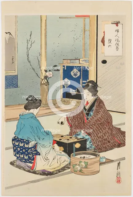 Two women are playing Go. From the series "Fujin fuzoku ga" (manners and customs of women), 1891. Creator: Gekko, Ogata (1859-1920).