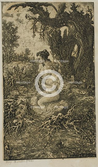 Two Women Bathing at Water's Edge, from Revue Fantaisiste, 1861. Creator: Rodolphe Bresdin.