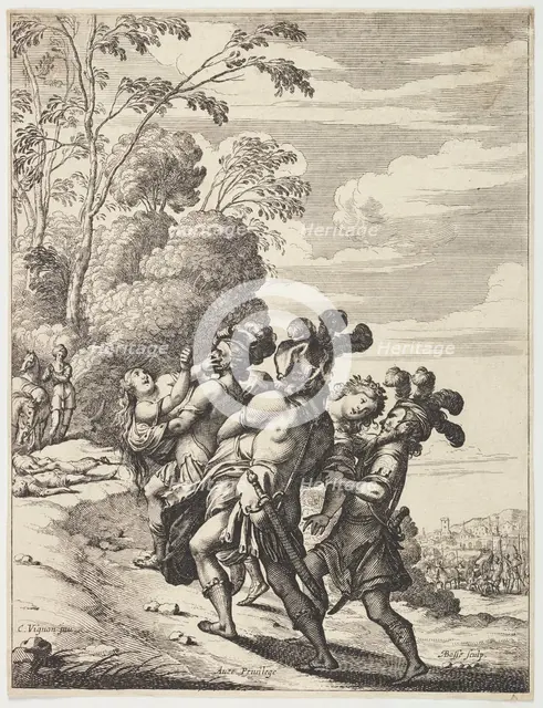 Two women being abducted by three masked men, 1639. Creator: Abraham Bosse.