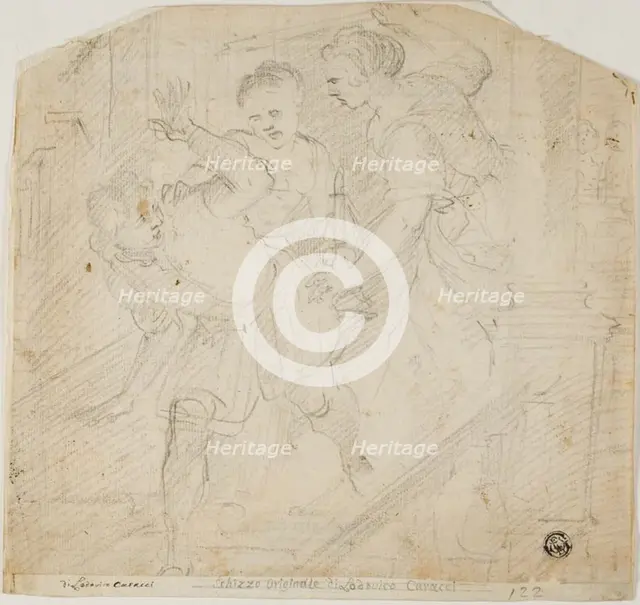 Two Women Chasing a Man, 17th century. Creators: Lodovico Carracci, Domenico Fiasella.