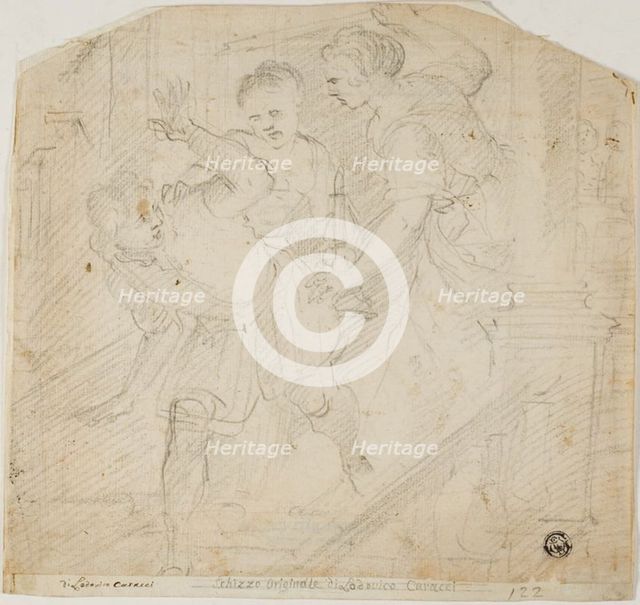 Two Women Chasing a Man, 17th century. Creators: Lodovico Carracci, Domenico Fiasella.