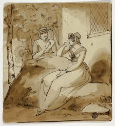 Two Women Conversing Near House, 1790. Creator: Unknown