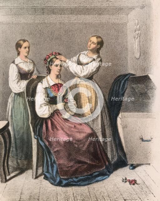 Two women dress a bride, Blekinge.  Creator: Unknown.