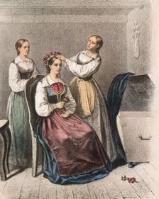 Two women dress a bride, Blekinge. Creator: Unknown