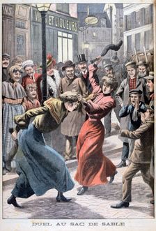 Two women fighting with sandbags, 1903