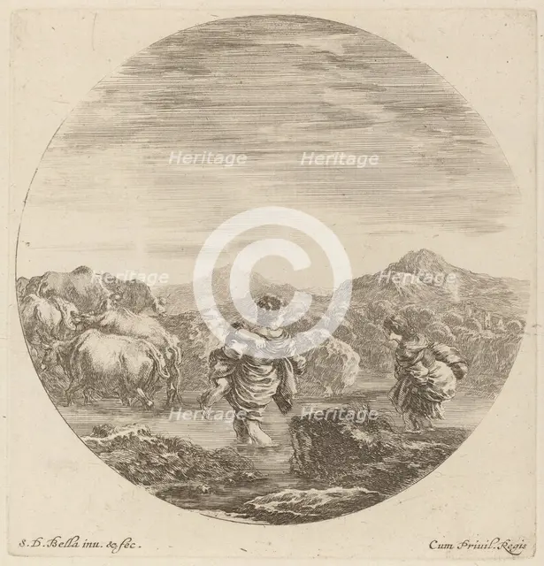 Two Women Fording a Creek with a Herd of Cows. Creator: Stefano della Bella.