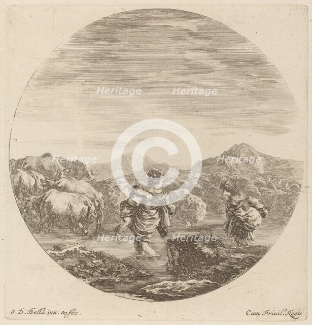Two Women Fording a Creek with a Herd of Cows. Creator: Stefano della Bella.