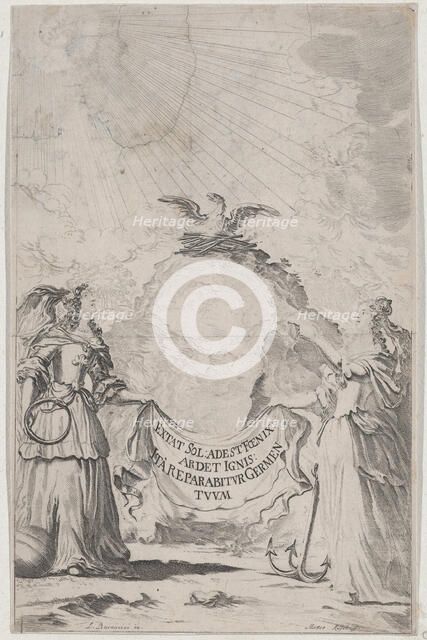 Two women holding a banner at center as a phoenix rises above; set design from 'Il Fuoco E..., 1674. Creator: Mathäus Küsel.