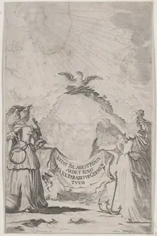 Two women holding a banner at center as a phoenix rises above; set design from Il Fuoco E..., 1674. Creator: Mathäus Küsel