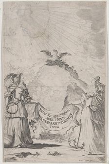Two women holding a banner at center as a phoenix rises above; set design from Il Fuoco E..., 1674. Creator: Mathäus Küsel