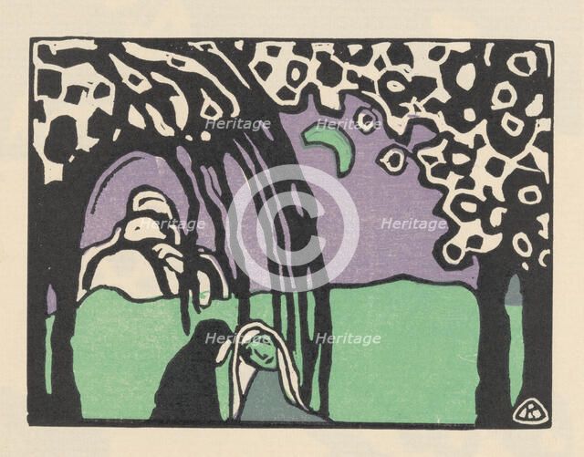 Two Women in Moonlit Landscape (Zwei Frauen in Mondlandschaft). From Klänge (Sounds) , 1913. Creator: Kandinsky, Wassily Vasilyevich (1866-1944).