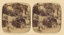 Two women in a horse-drawn carriage with two men drivers wearing top hats..., about 1858. Creator: LeBas