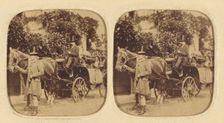Two women in a horse-drawn carriage with two men drivers wearing top hats..., about 1858. Creator: LeBas