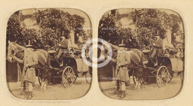 Two women in a horse-drawn carriage with two men drivers wearing top hats..., about 1858. Creator: LeBas.