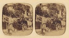 Two women in a horse-drawn carriage with two men drivers wearing top hats..., about 1858. Creator: LeBas