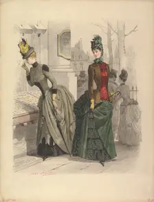 Two Women in Day Dresses: Preparatory drawing for a fashion plate from..., October 19, 1886. Creator: Jules David