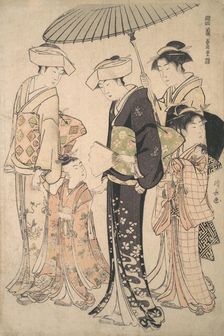 Two Women in Summer Costume Taking a Young Girl to a Shinto Temple for the Miya Mairi ..., ca. 1783. Creator: Torii Kiyonaga
