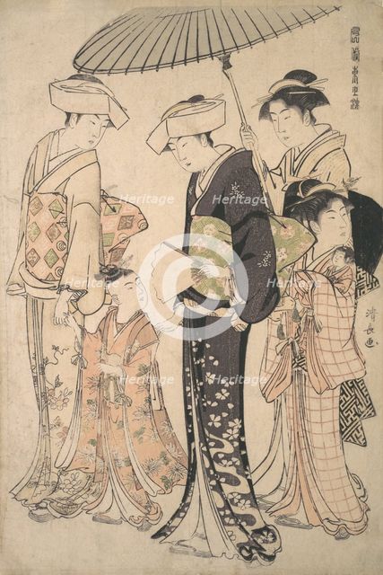 Two Women in Summer Costume Taking a Young Girl to a Shinto Temple for the Miya Mairi ..., ca. 1783. Creator: Torii Kiyonaga.