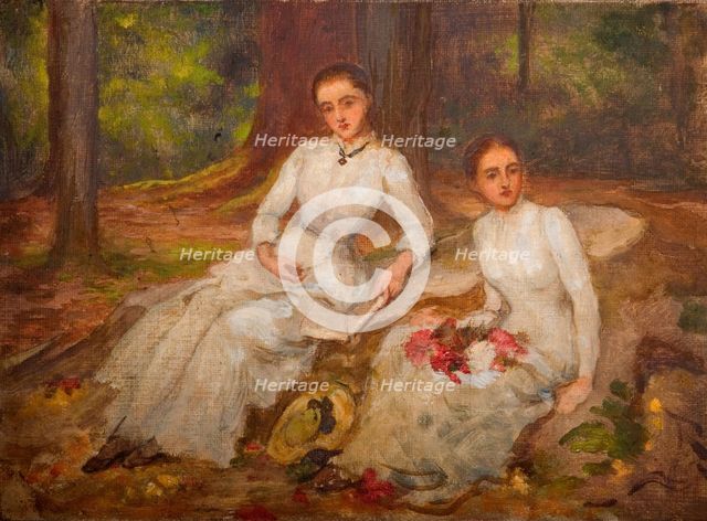 Two women in white seated in wooded glade, 1900. Creator: Louisa Starr.