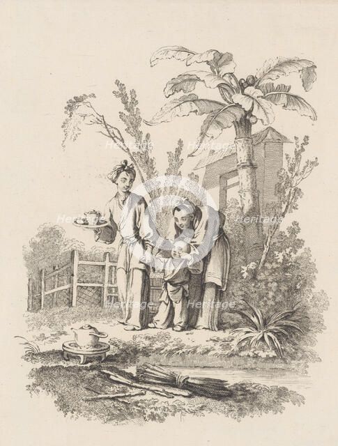 Two Women Leading a Child toward a Teapot on a Table near a Pond, ca. 1742. Creator: Gabriel Huquier.