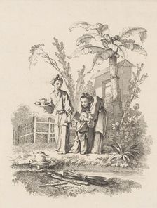 Two Women Leading a Child toward a Teapot on a Table near a Pond, ca. 1742. Creator: Gabriel Huquier