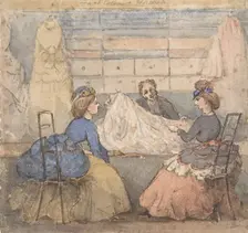 Two Women Looking at Fabric in a Shop, 19th century. Creator: Anon