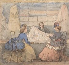 Two Women Looking at Fabric in a Shop, 19th century. Creator: Anon