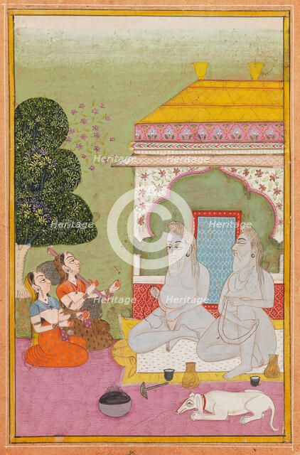 Two women playing for two holy men (sadhus), c1800. Creator: Unknown.