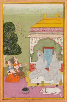 Two women playing for two holy men (sadhus), c1800. Creator: Unknown