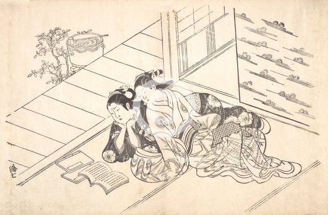 Two Women Reclining on the Floor of a Room and Reading a Book, ca. 1730., ca. 1730. Creator: Nishikawa Sukenobu.