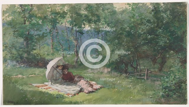 Two Women Reading in a Field, 1888. Creator: Arthur B. Davies (American, 1862-1928).