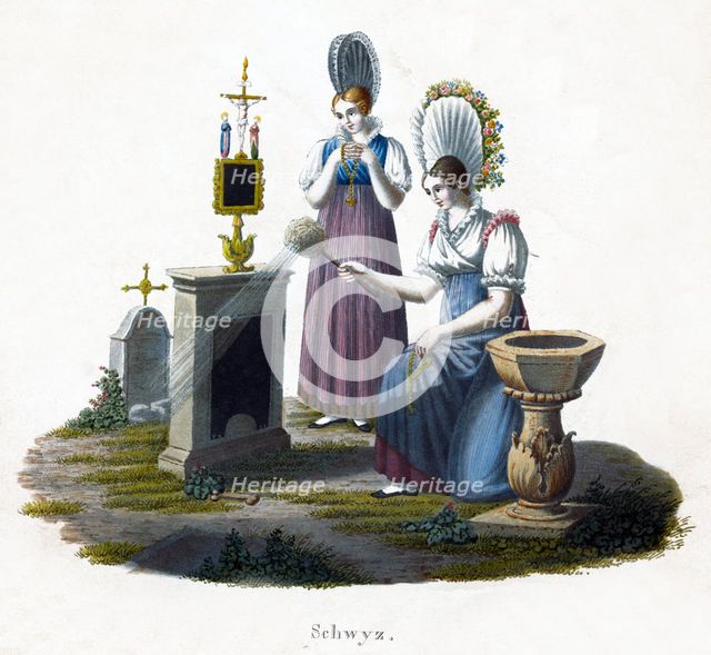 Two women standing before a headstone in a graveyard, c1800. Artist: Unknown
