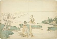 Two women stretching cloth, Japan, c. 1797/98. Creator: Hokusai