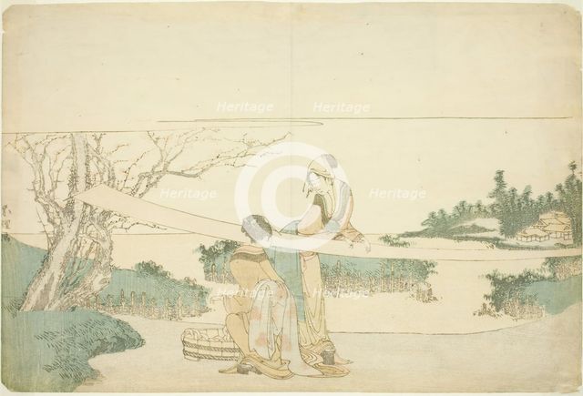 Two women stretching cloth, Japan, c. 1797/98. Creator: Hokusai.