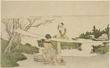 Two women stretching cloth, Japan, c. 1797/98. Creator: Hokusai