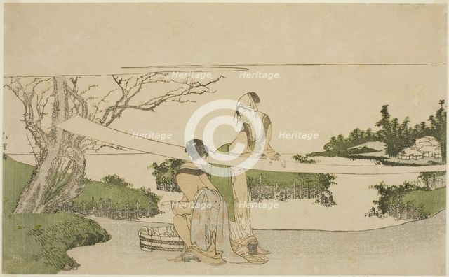 Two women stretching cloth, Japan, c. 1797/98. Creator: Hokusai.